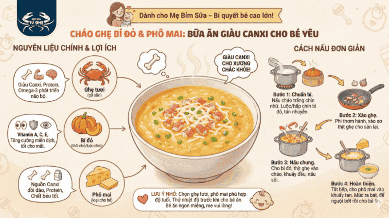 TUYỆT PHẨM TĂNG CHIỀU CAO CHO BÉ: CHÁO GHẸ BÍ ĐỎ VÀ PHÔ MAI